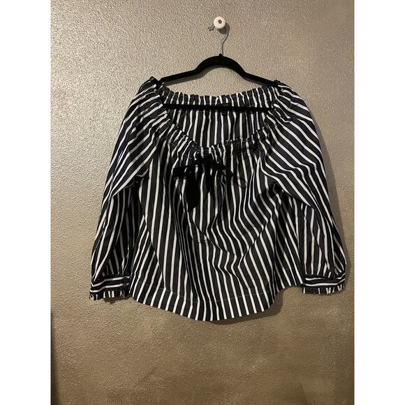 J Crew Preppy Academia Stripe  Off the Shoulder Bow Tie Long Sleeve Top - Picture 11 of 11